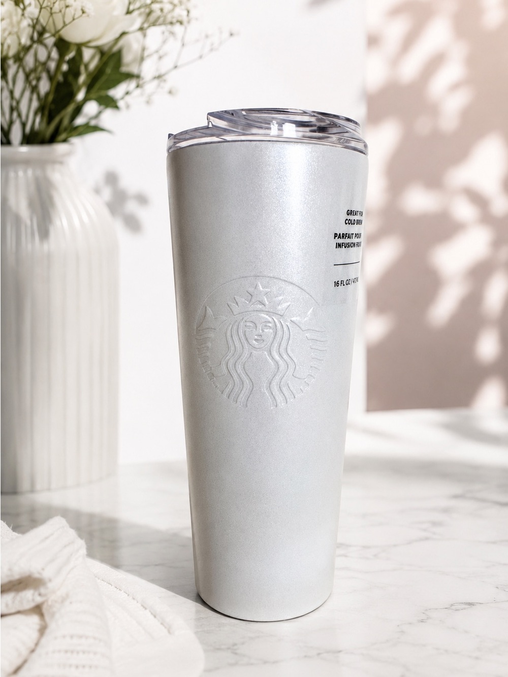 Starbucks Pearl White Travel Tumbler 16oz Minimalist Chic Coffee Cup NWT